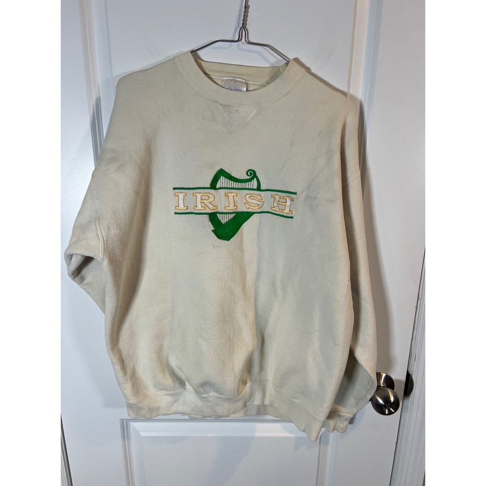Santee Mens Sweatshirt Embroidered Irish Harp Cream L Vintage